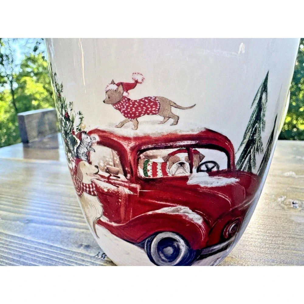 Pier 1 Winter Wonders Christmas Red Truck Dogs Cats‎ Mug Set 2 Ironstone